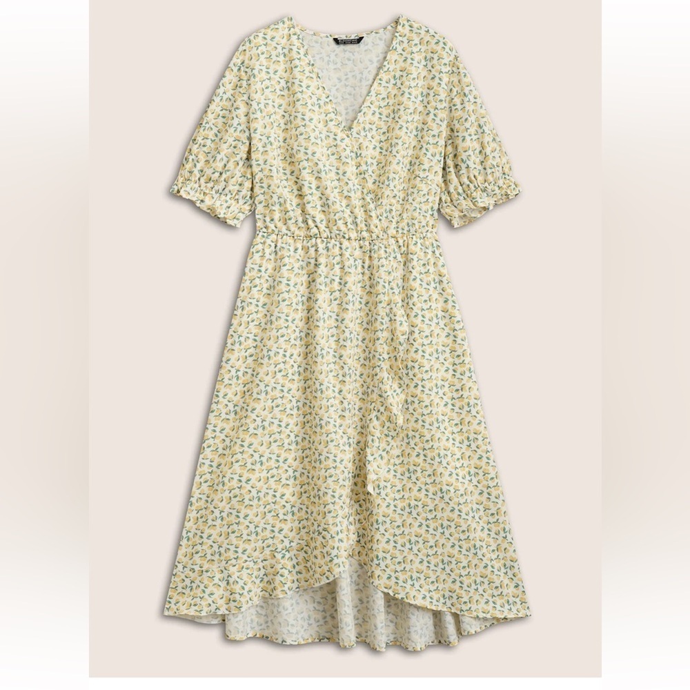 BloomChic Plus Size 6XL Citrus Lemon Print Overlap Collar Lantern Sleeve Dress - Picture 6 of 8